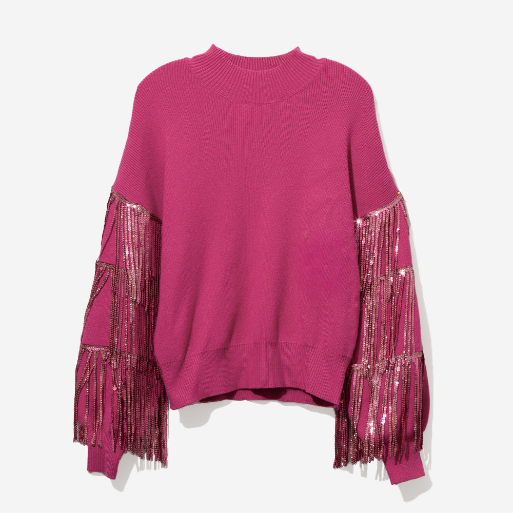 Sequin Fringe High Neck Sweater | Marleylilly