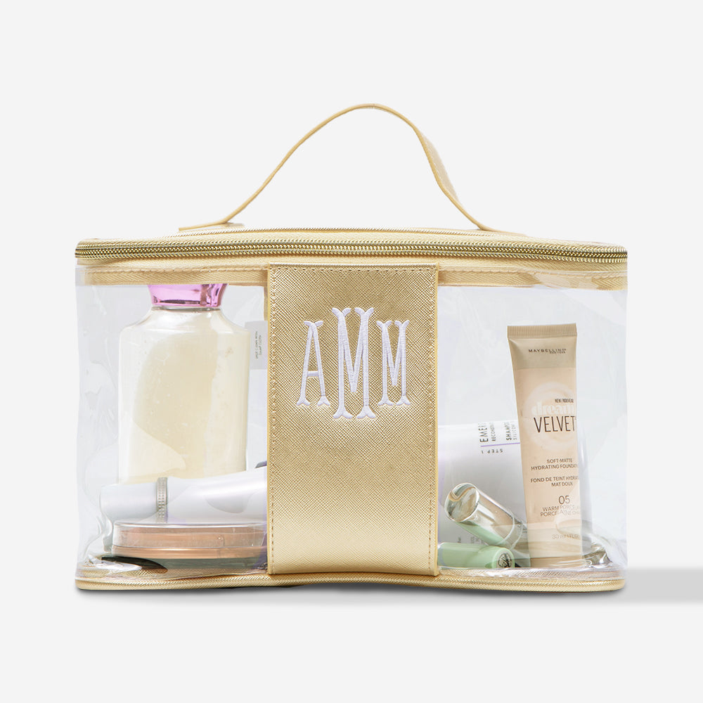 custom makeup transparent travel bag Personalized Clear and Gold Train Case durable saffiano vegan leather data--city:Philadelphia Tackle Box Card Size:S  (5/8