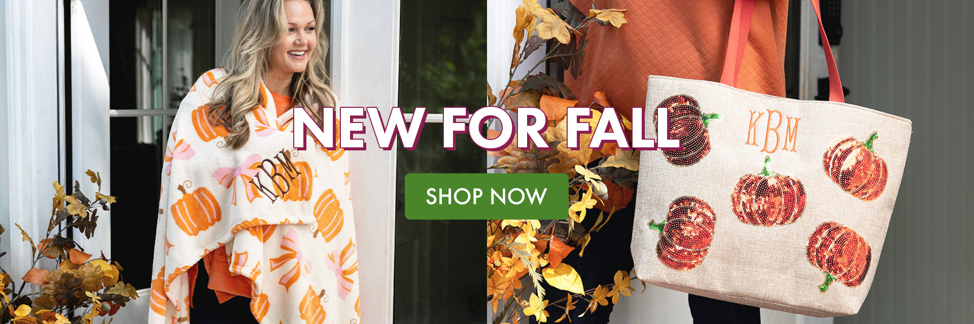 A promotional banner for fall apparel and accessories. On the left, a woman models a pumpkin patterned blanket with an orange and pink pumpkin print.