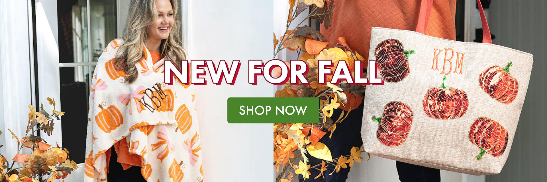 A promotional banner for fall apparel and accessories. On the left, a woman models a pumpkin patterned blanket with an orange and pink pumpkin print.