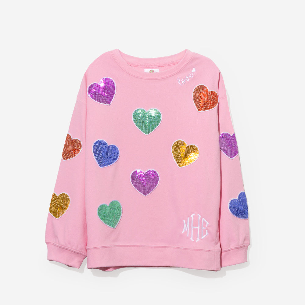 monogrammed kids sequin hearts sweatshirt in pink