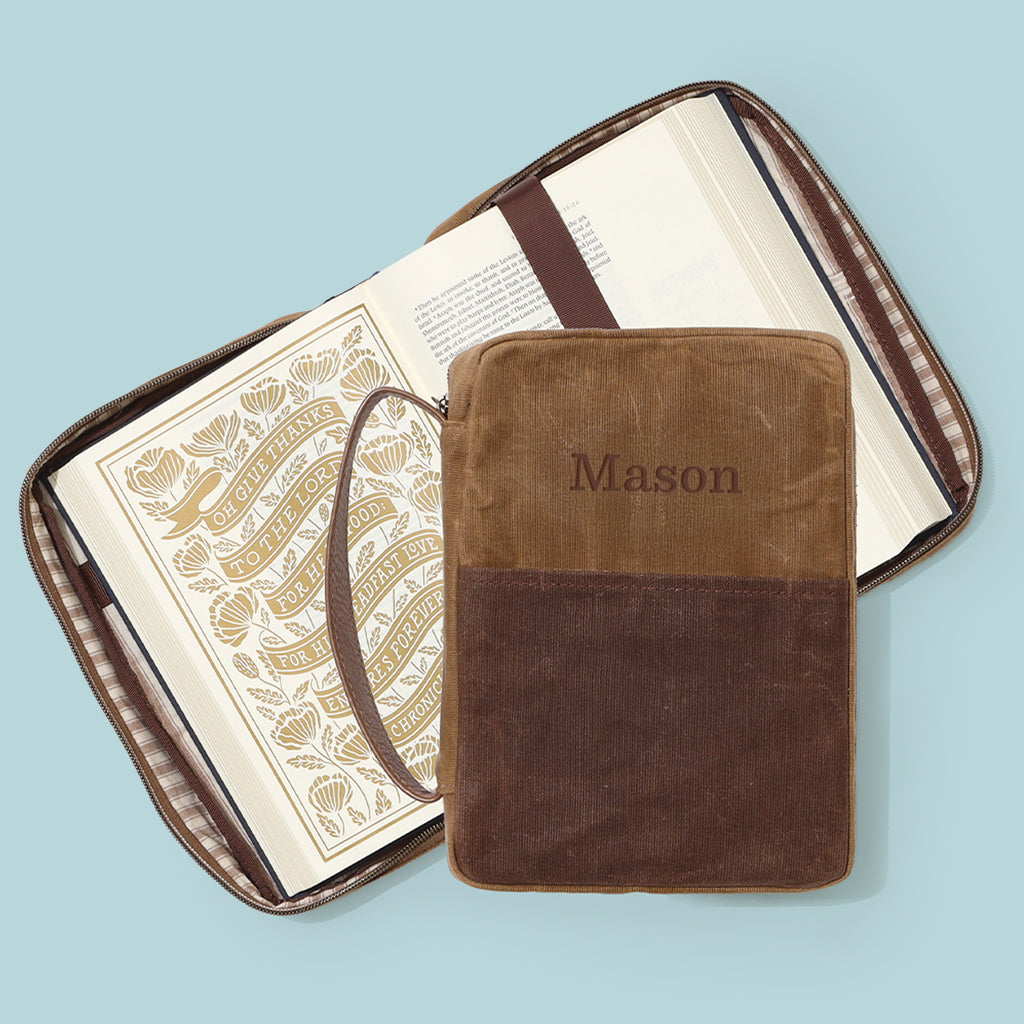 monogrammed brown bible carrier open closed