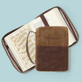 monogrammed brown bible carrier open closed
