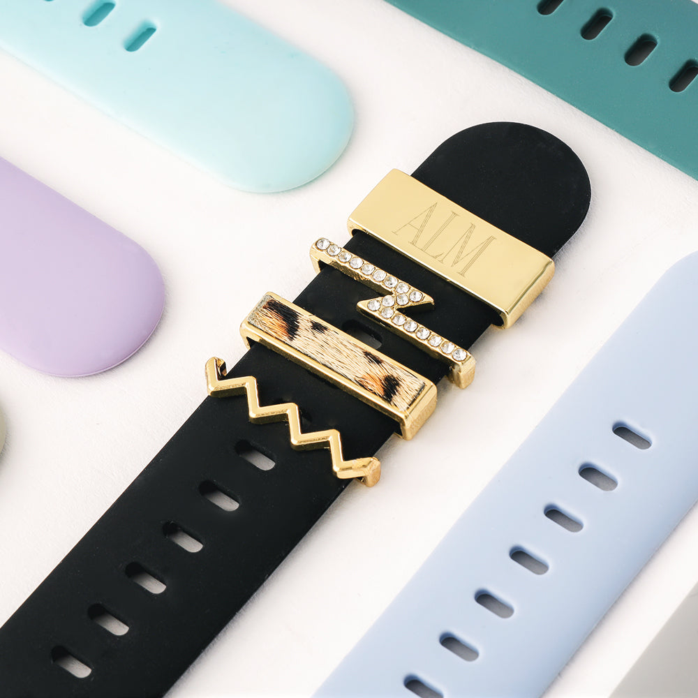 engraved gold apple watch charms on band