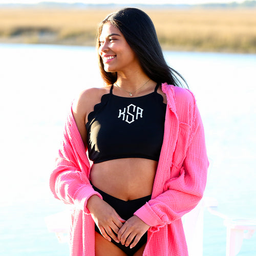 [ma-kenzie] scalloped high neck bikini top styled with gauzy tunic by water