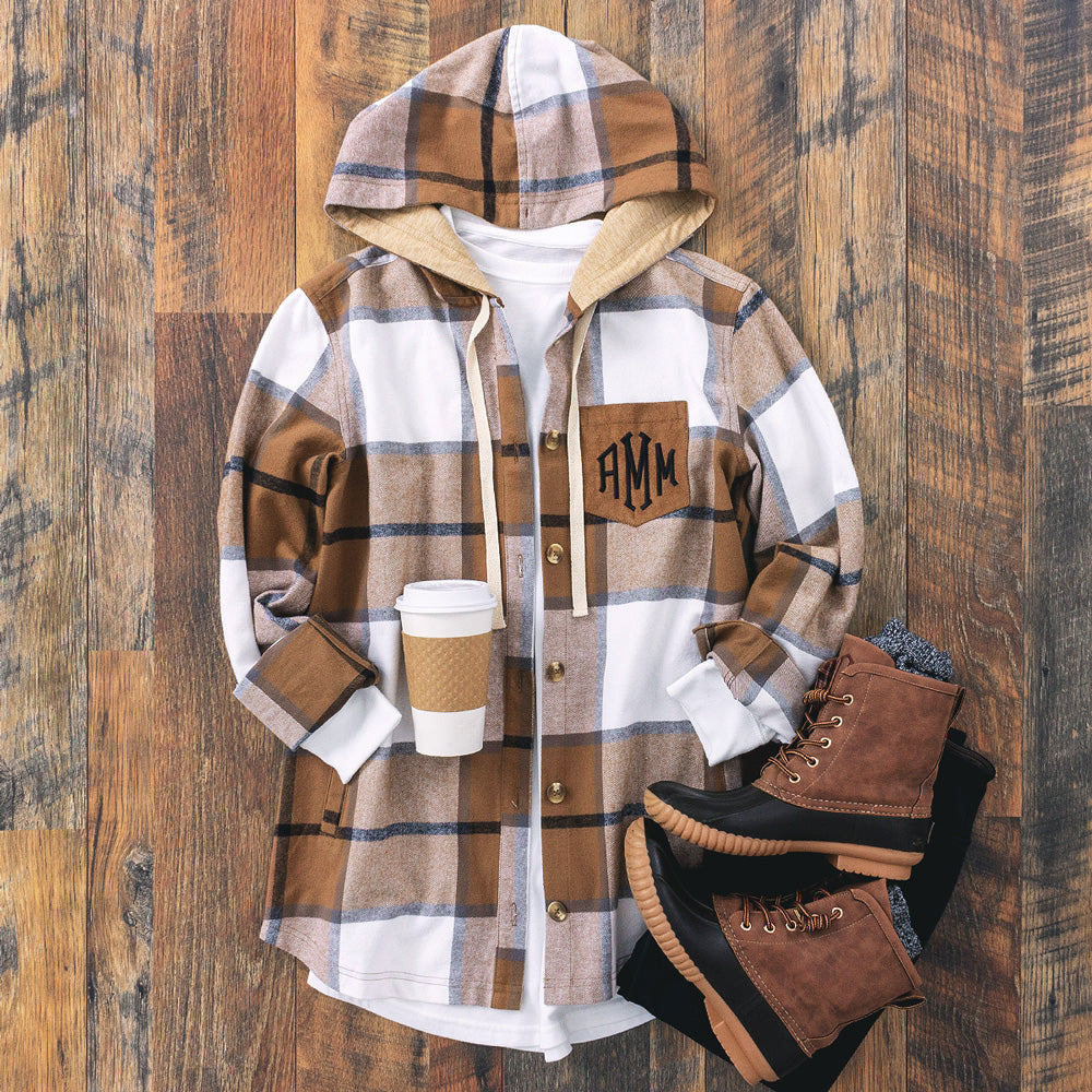 hickory/plaid shacket flatlay