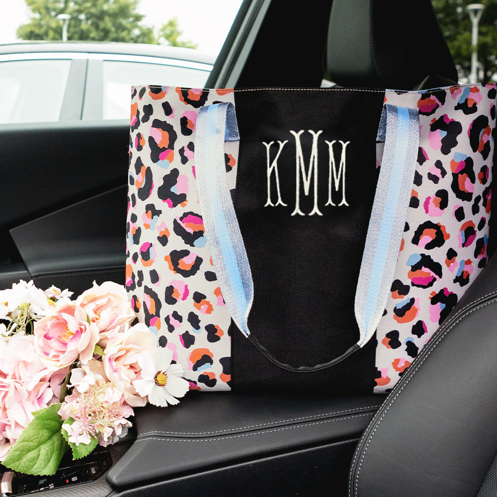 sunset leopard tote bag in car