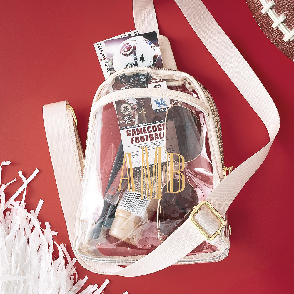 bone personalized sling bag on burgundy background