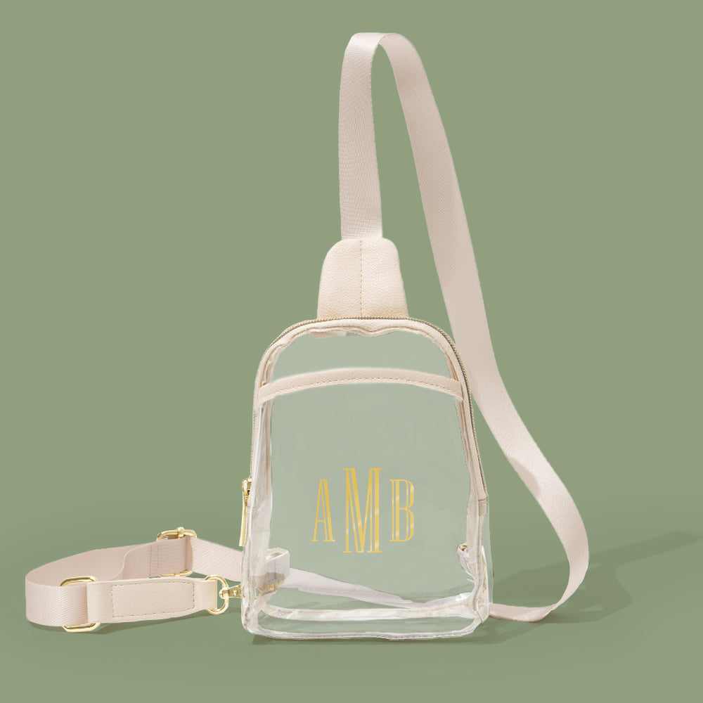 monogrammed clear sling bag in bone sage background