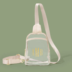 monogrammed clear sling bag in bone sage background