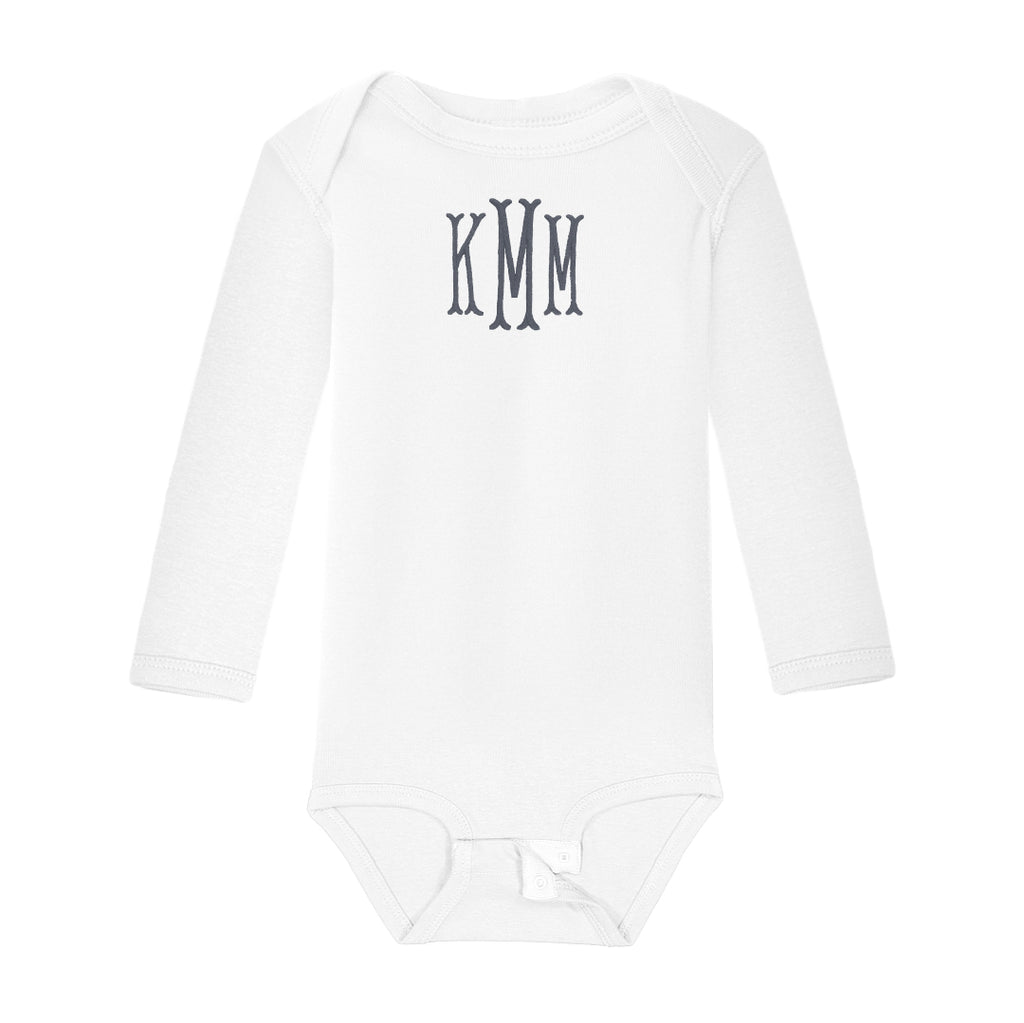 white monogrammed baby long sleeve onesie