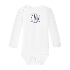 white monogrammed baby long sleeve onesie