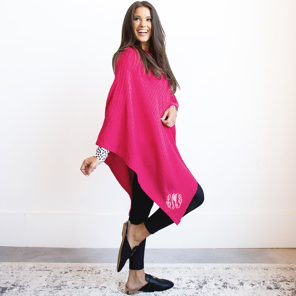 [peyton] monogrammed hot pink poncho with black fur loafers
