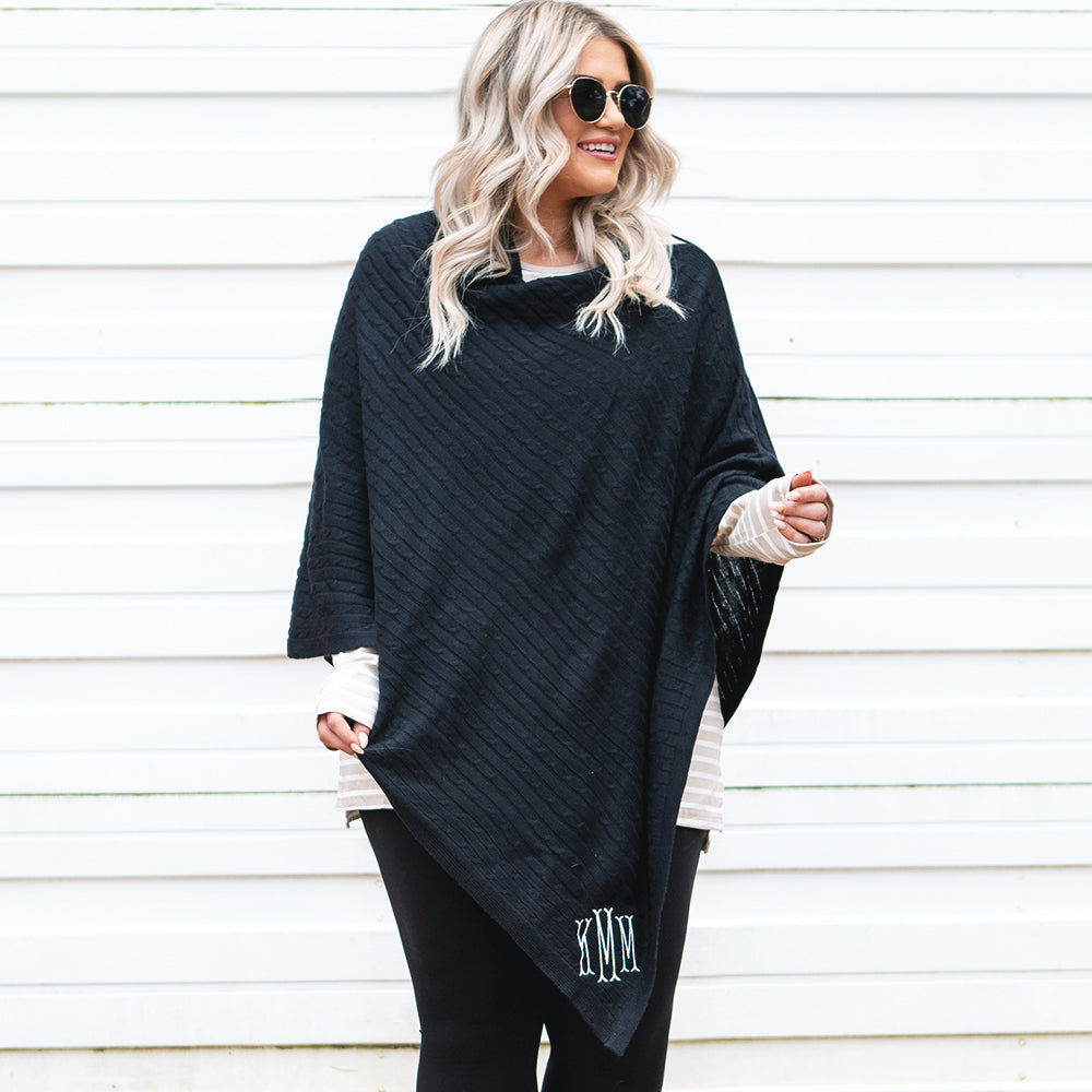 [ashley] Black Monogrammed Poncho with Fishtail Monogram