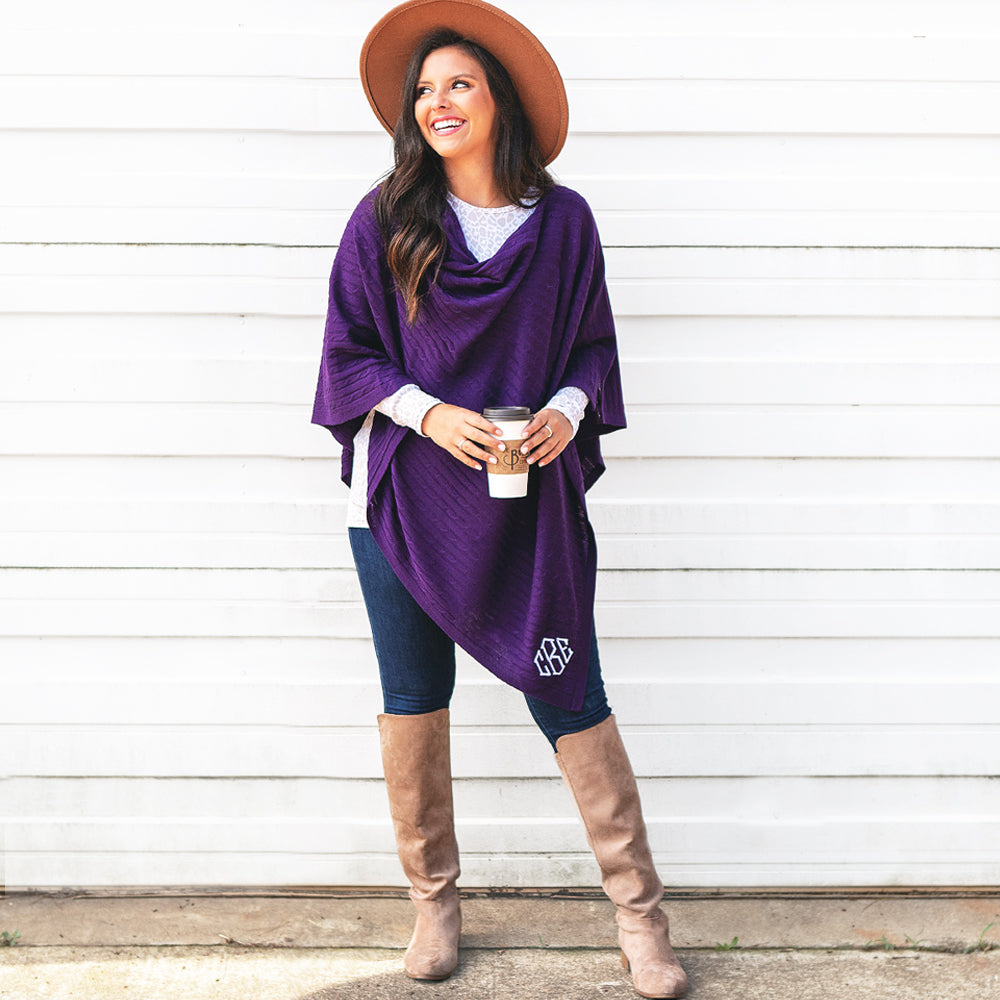 [megan] purple monogrammed poncho with riding boots and hat