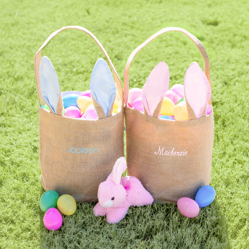 monogrammed kids easter baskets in grass