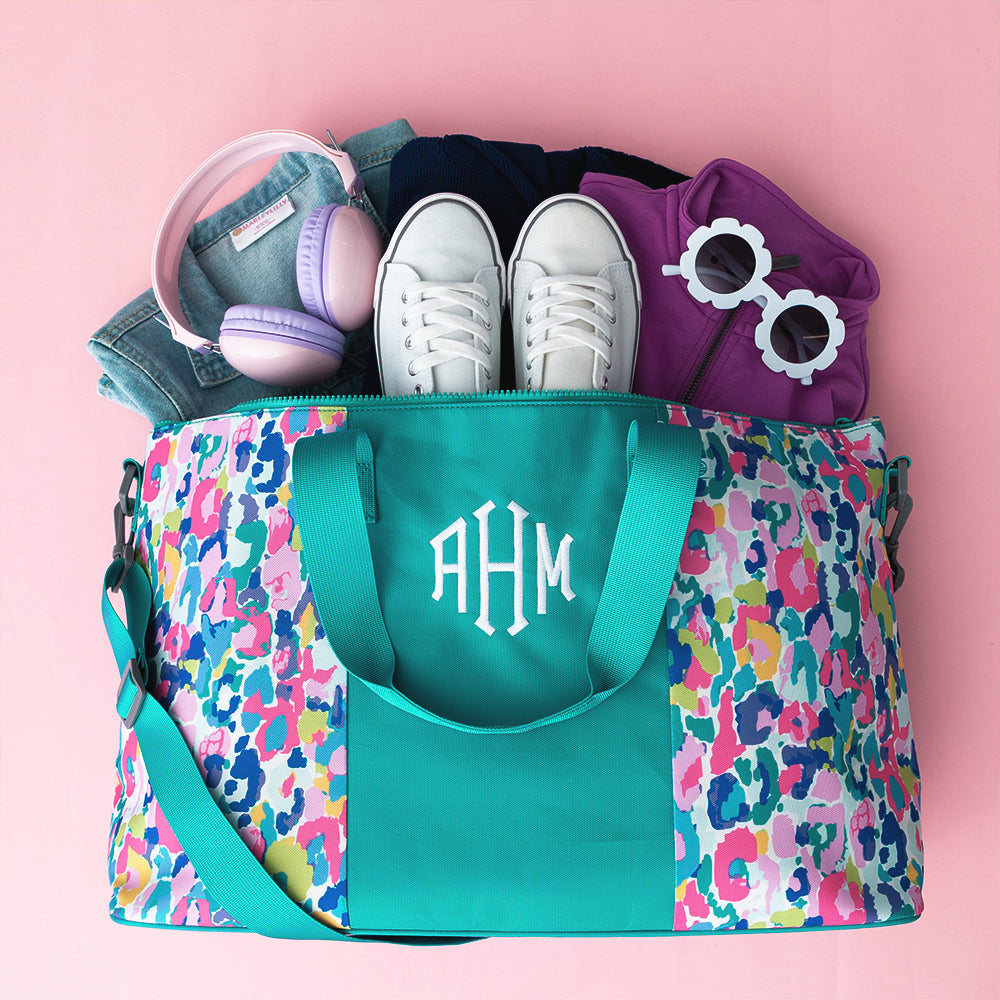 2026 watercolor cheetah kids weekend bag spillshot