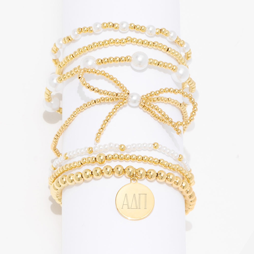 alpha delta pi gold pearl bow bracelet stack