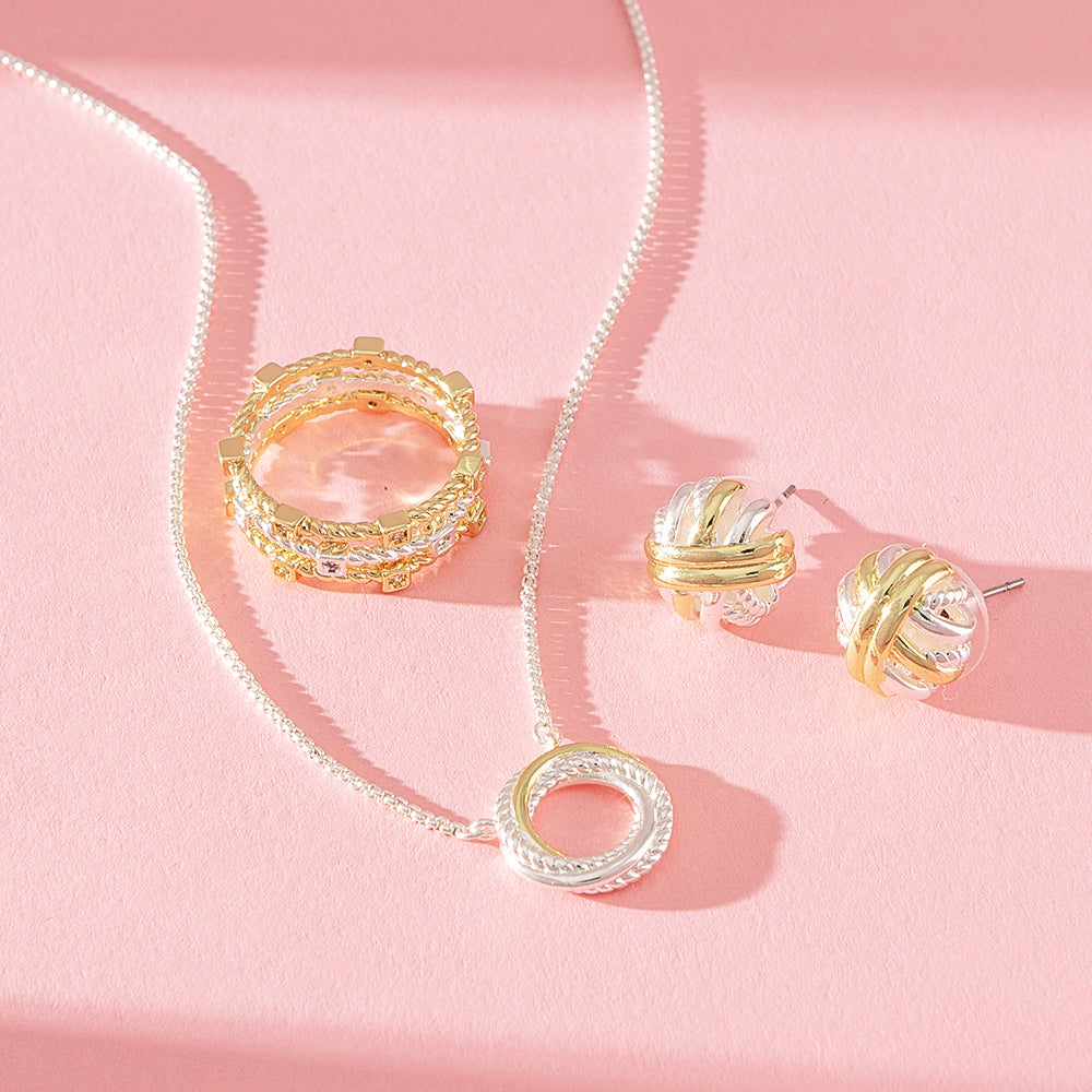 wrapped cable stud earrings with necklace and ring