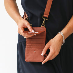 brown phone crossbody up close of card holders