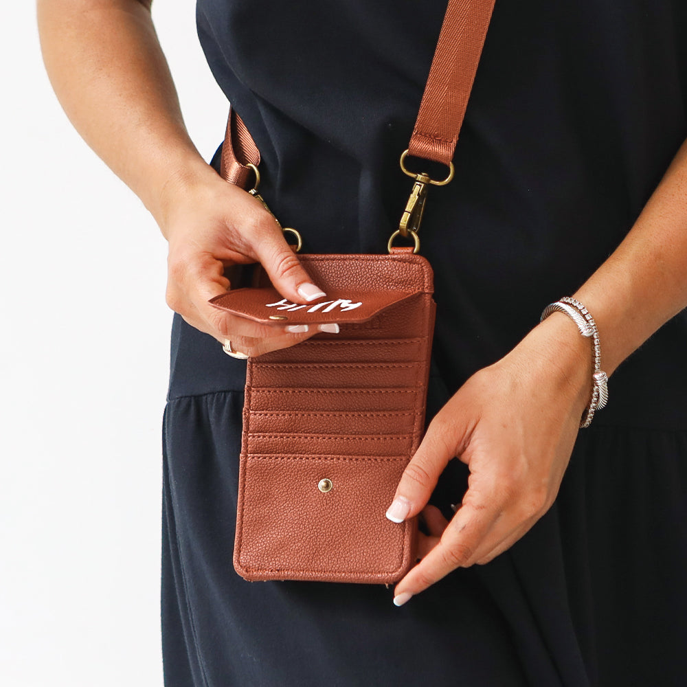 brown phone crossbody up close of card holders