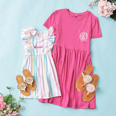mom and me hot pink t shirt dress and girls ruffle knit dress in multi stripes