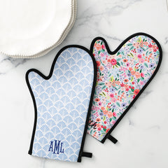 blue shell and coral floral neoprene oven mitts