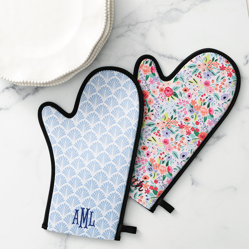blue shell and coral floral neoprene oven mitts
