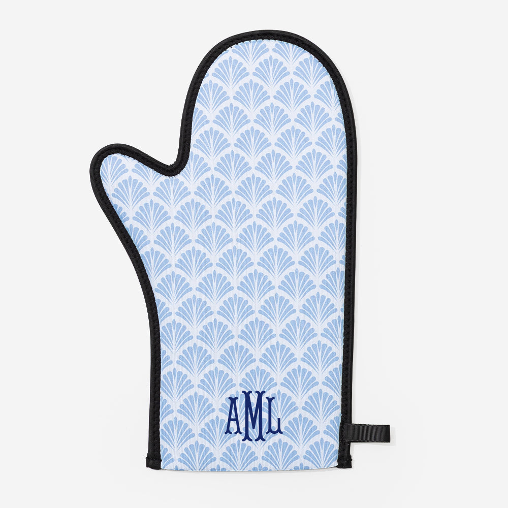 monogrammed neoprene oven mitt in blue shells