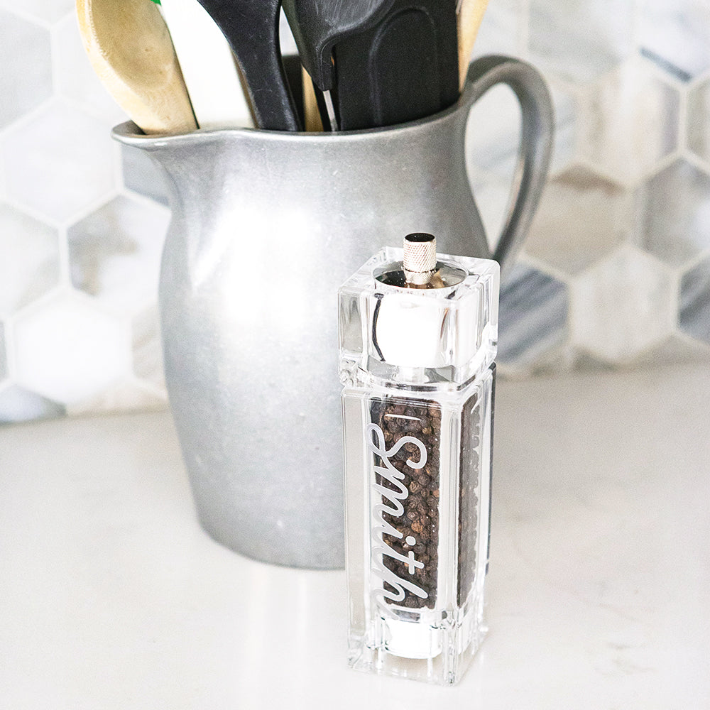 clear dual salt & pepper mill with utensils