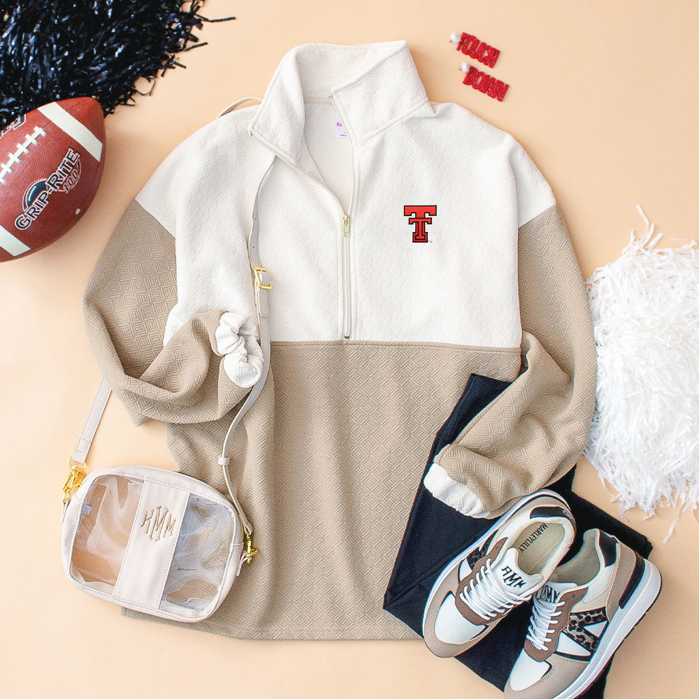 texas tech quilted pullover tunic in tan flatlay