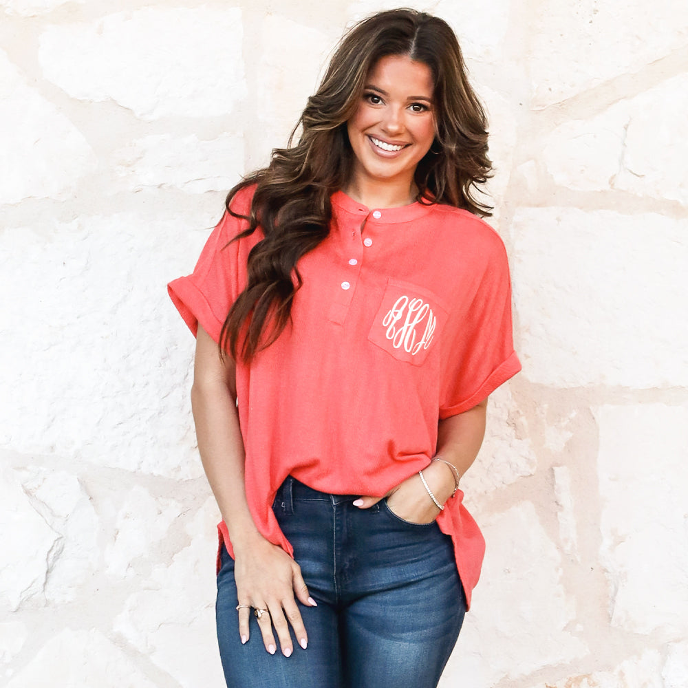 [Peyton] coral monogrammed top on peyton
