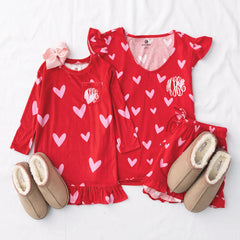 mom and me red hot hearts ruffle pajamas and tan pink moccasins