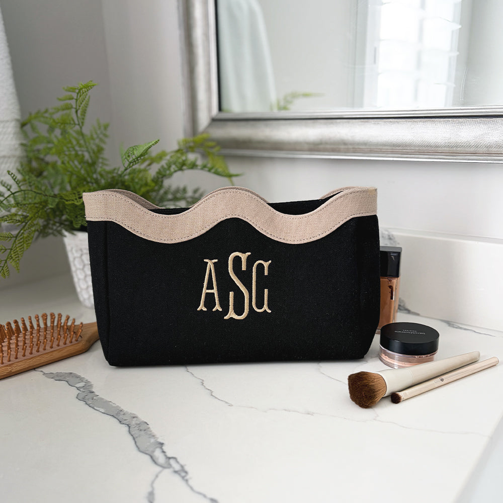 wavy top cosmetic bag on bathroom counter