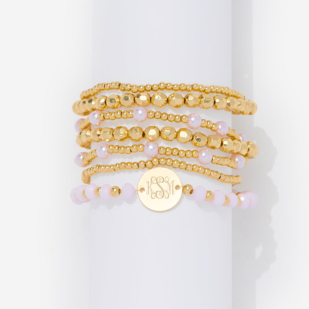 monogrammed beaded bracelet stack in pink