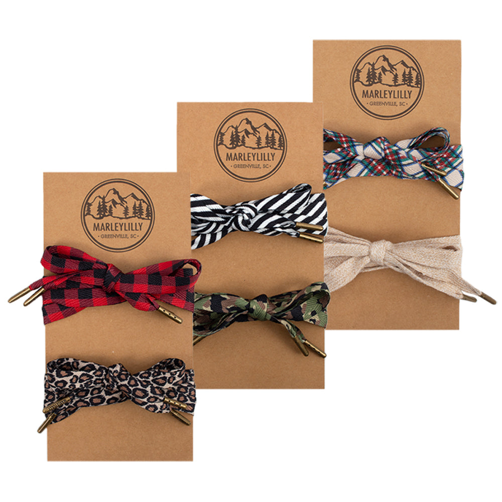 shoe laces sets in buffalo plaid, leopard, stripes, camo, plaid, and khaki