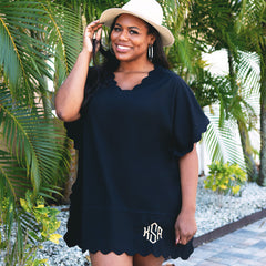 monogrammed bathing suit cover with fedora at beach