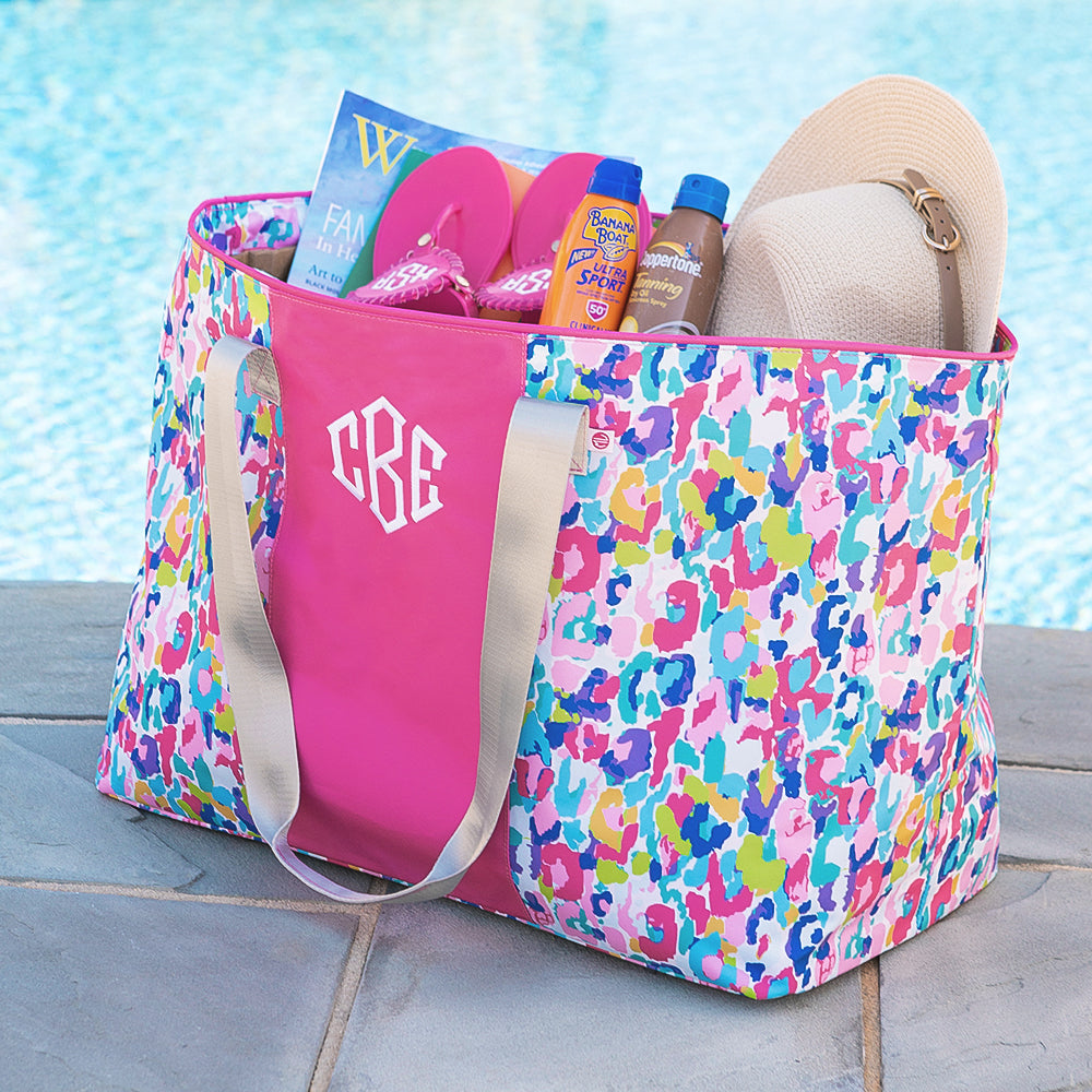monogrammed extra large tote bag in watercolor cheetah with beach accessories