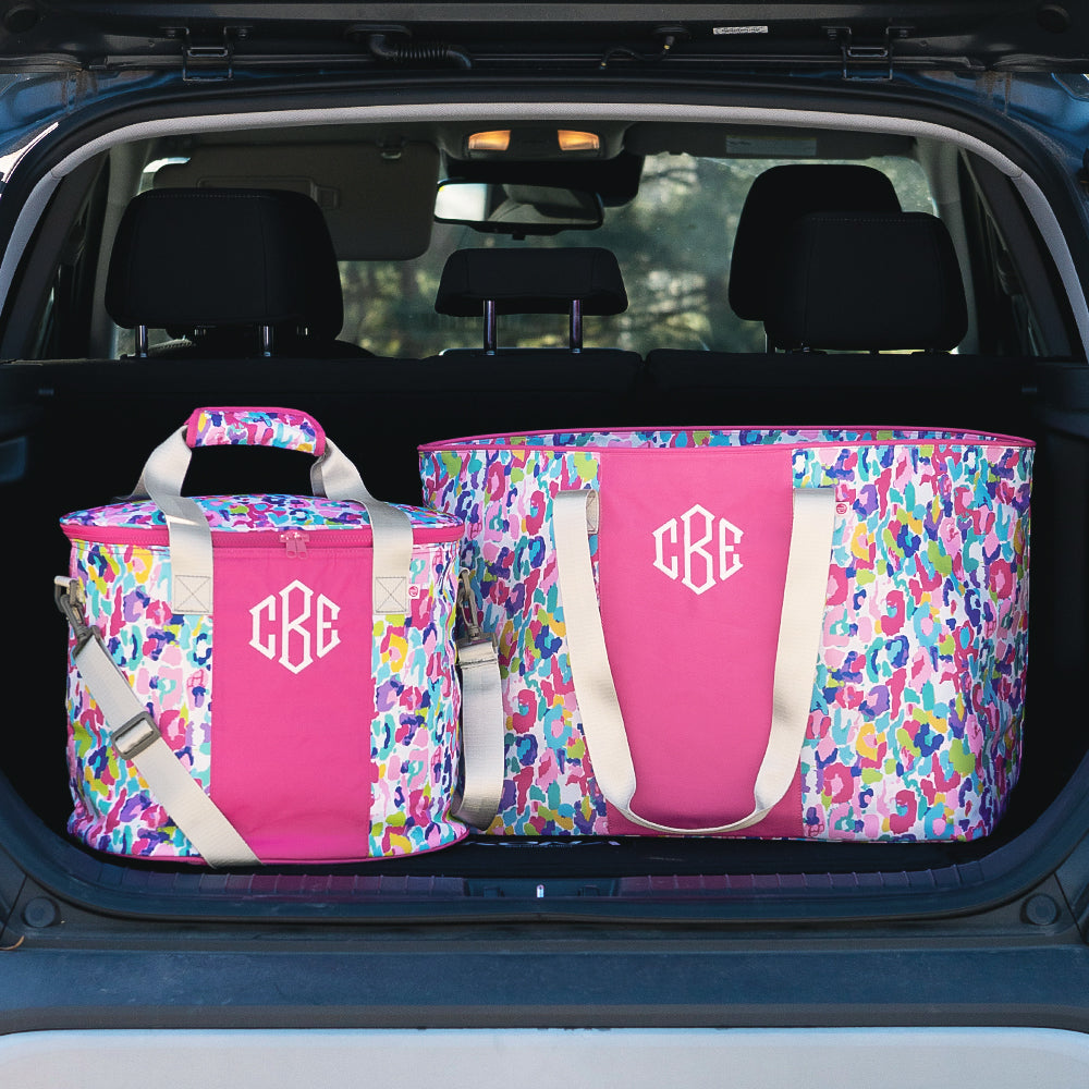 personalized cooler and extra large tote bag in watercolor cheetah in trunk
