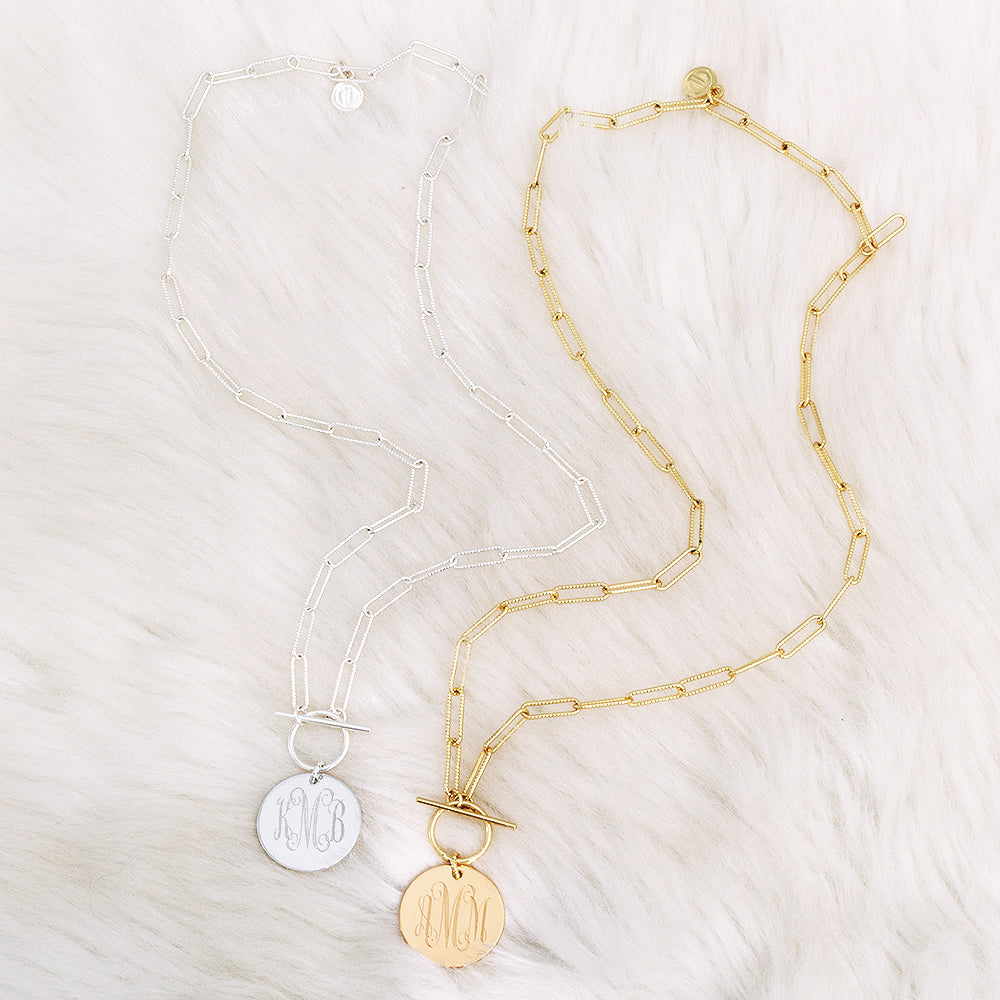 monogrammed pendant necklaces in gold and silver
