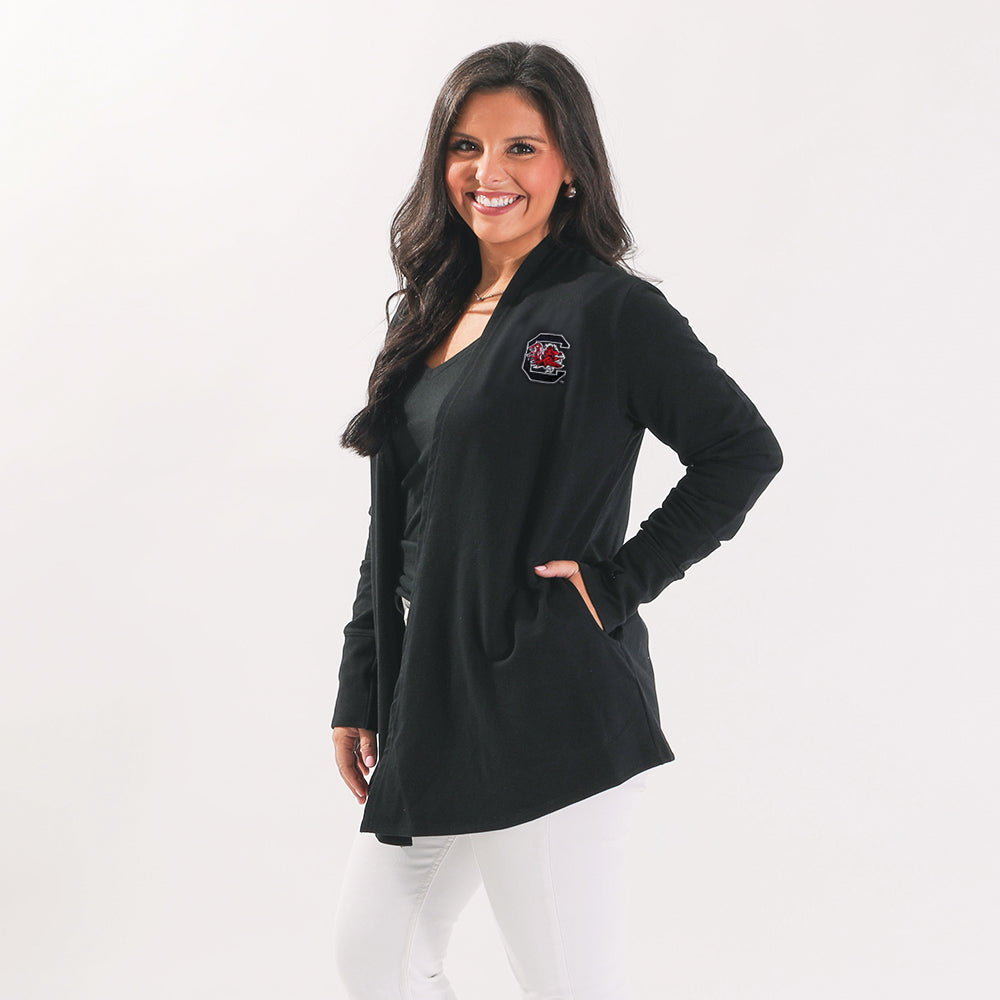 south carolina gamecocks model wearing black sweatshirt cardigan side view