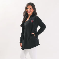 south carolina gamecocks model wearing black sweatshirt cardigan side view
