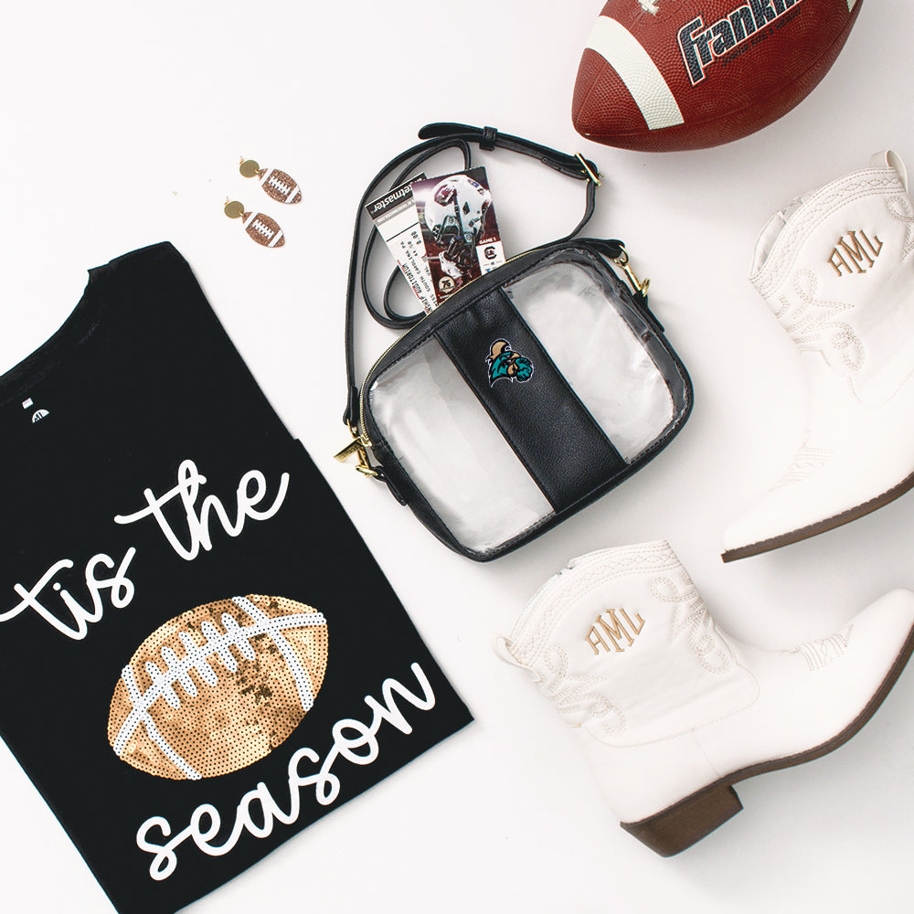 coastal carolina chanticleer black clear stadium crossbody with football earrings and shirt