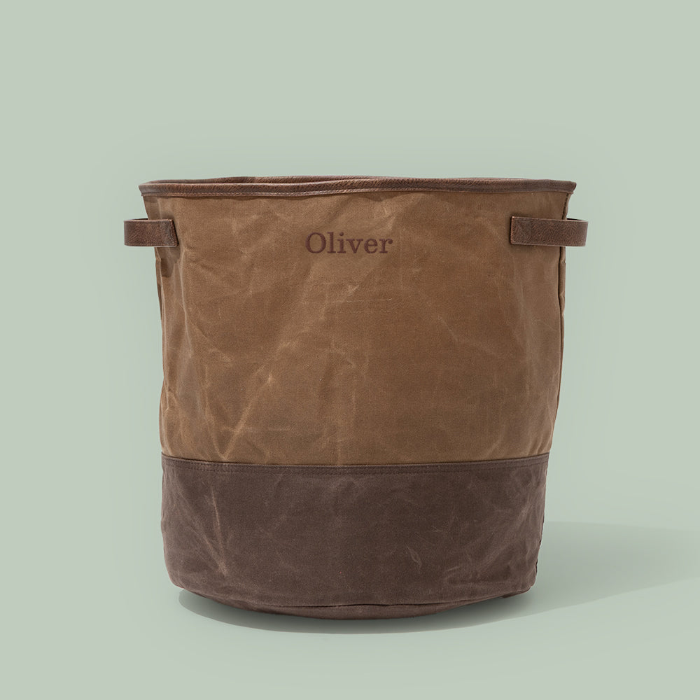 Personalized Kids Waxed Canvas Storage Basket in Brown