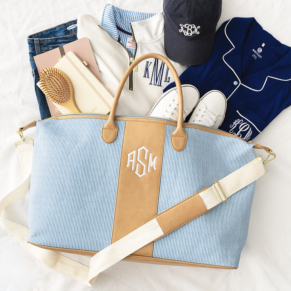 navy seersucker weekender spill shot