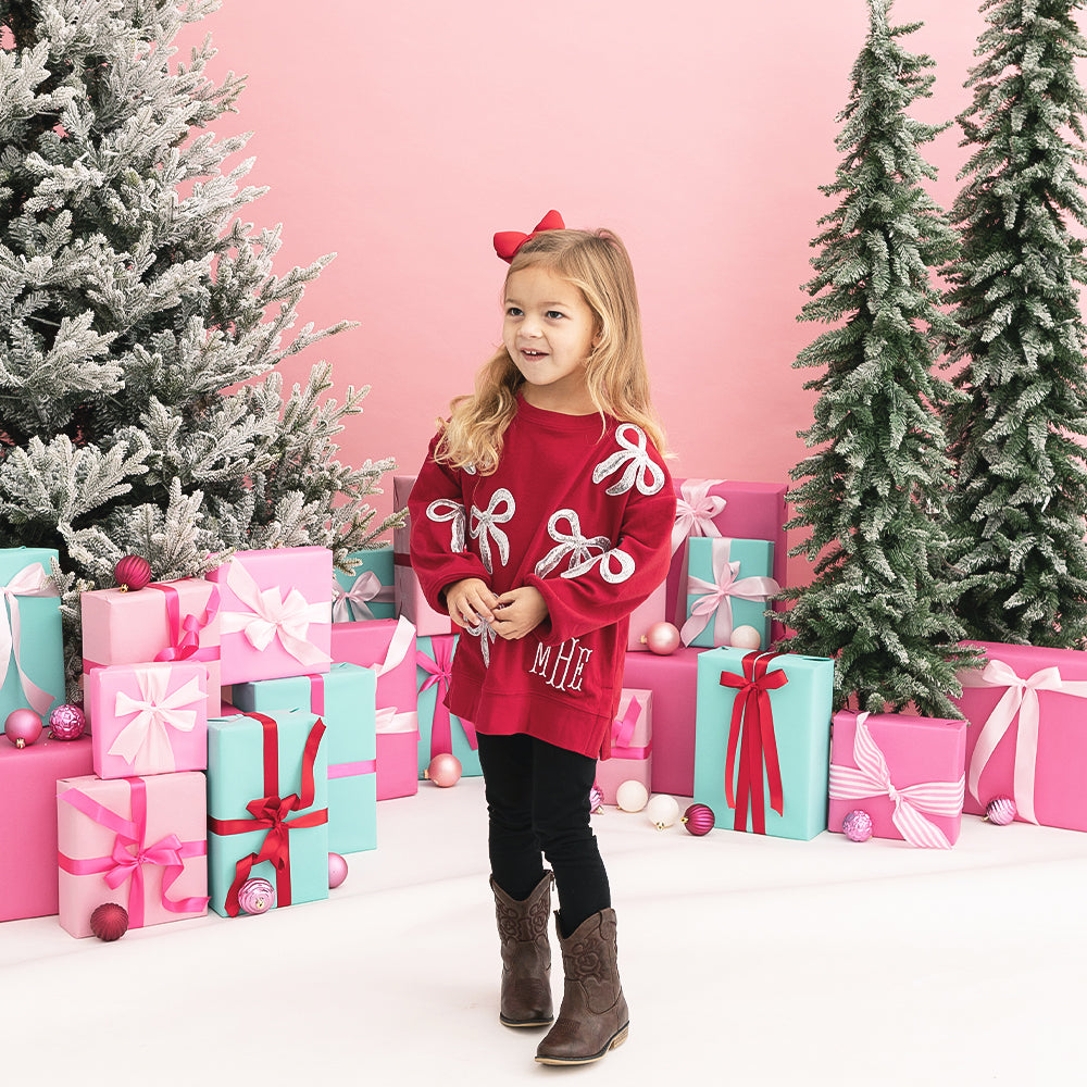 crimson kids sequin bow sweatshirt on girl