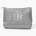 monogrammed double layer makeup bag in mushroom with white monogram