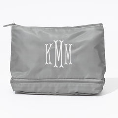 monogrammed double layer makeup bag in mushroom with white monogram