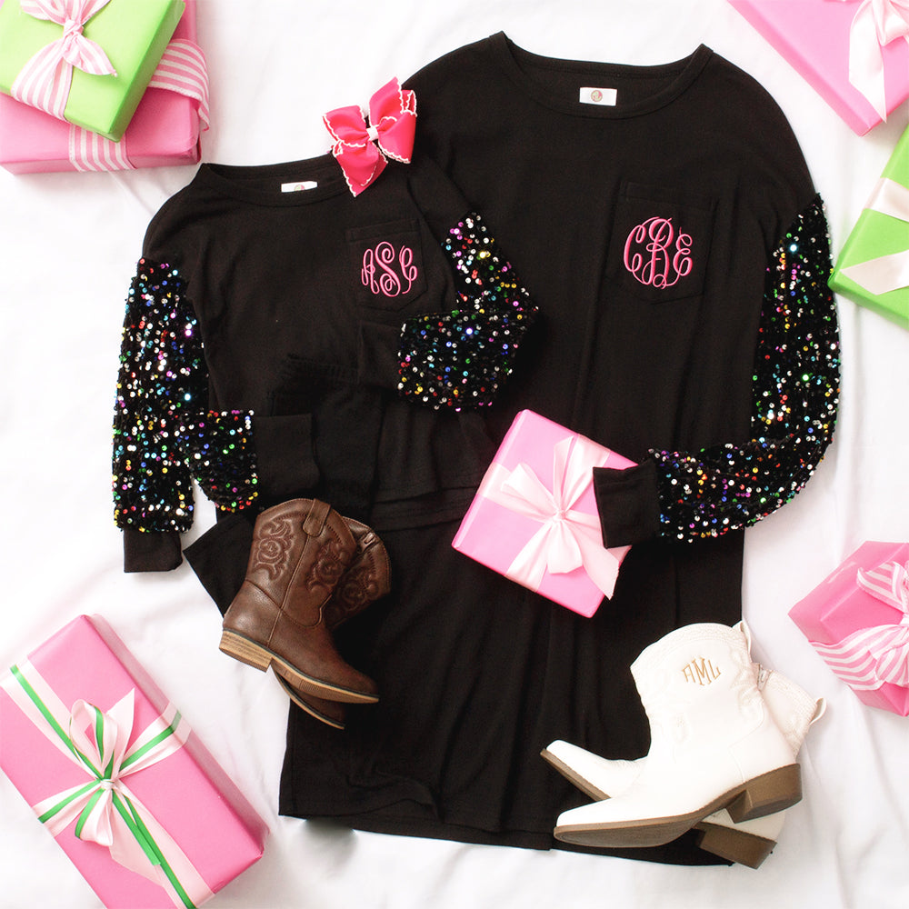 mom and me sequin dress flatlay
