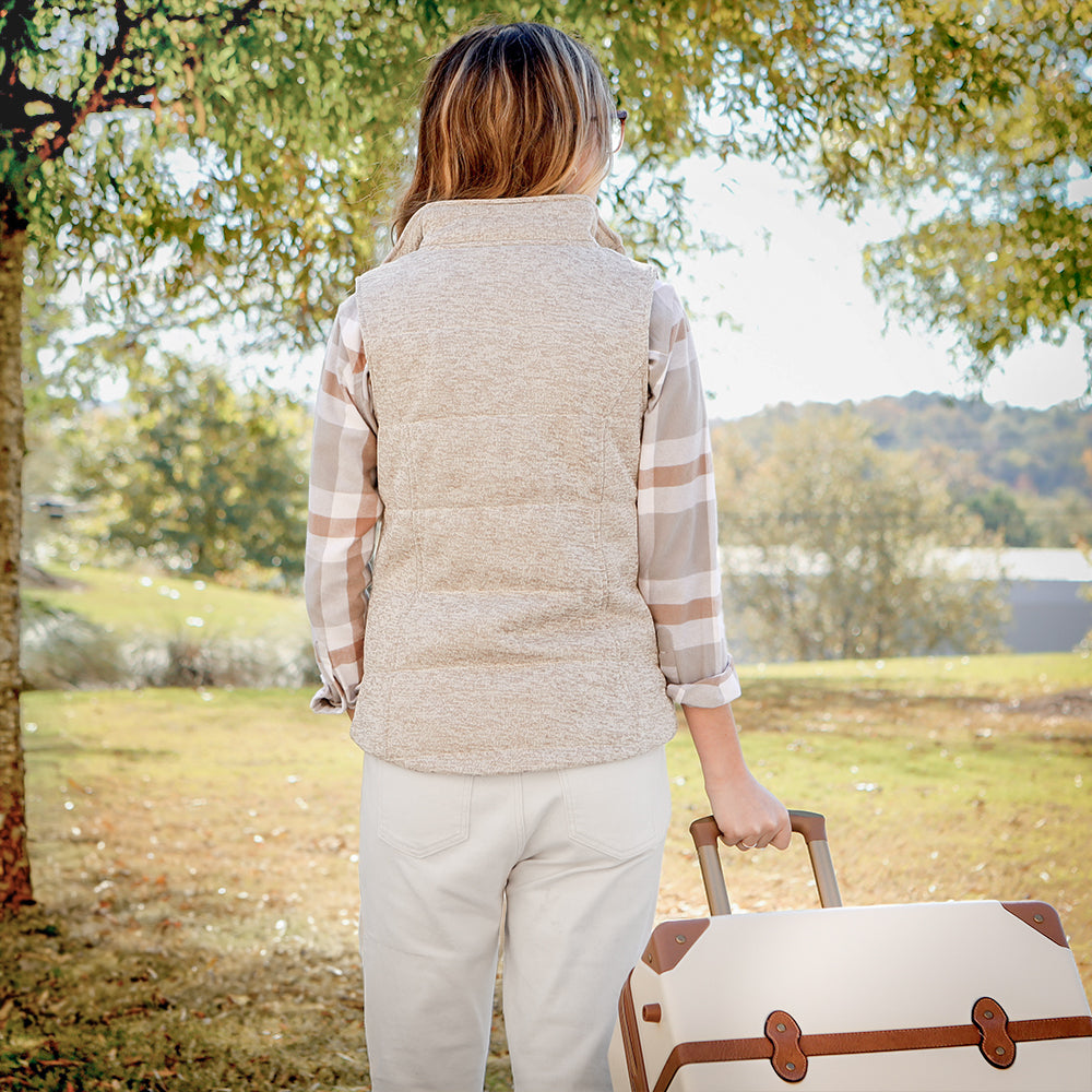 back of oatmeal heathered quilted vest